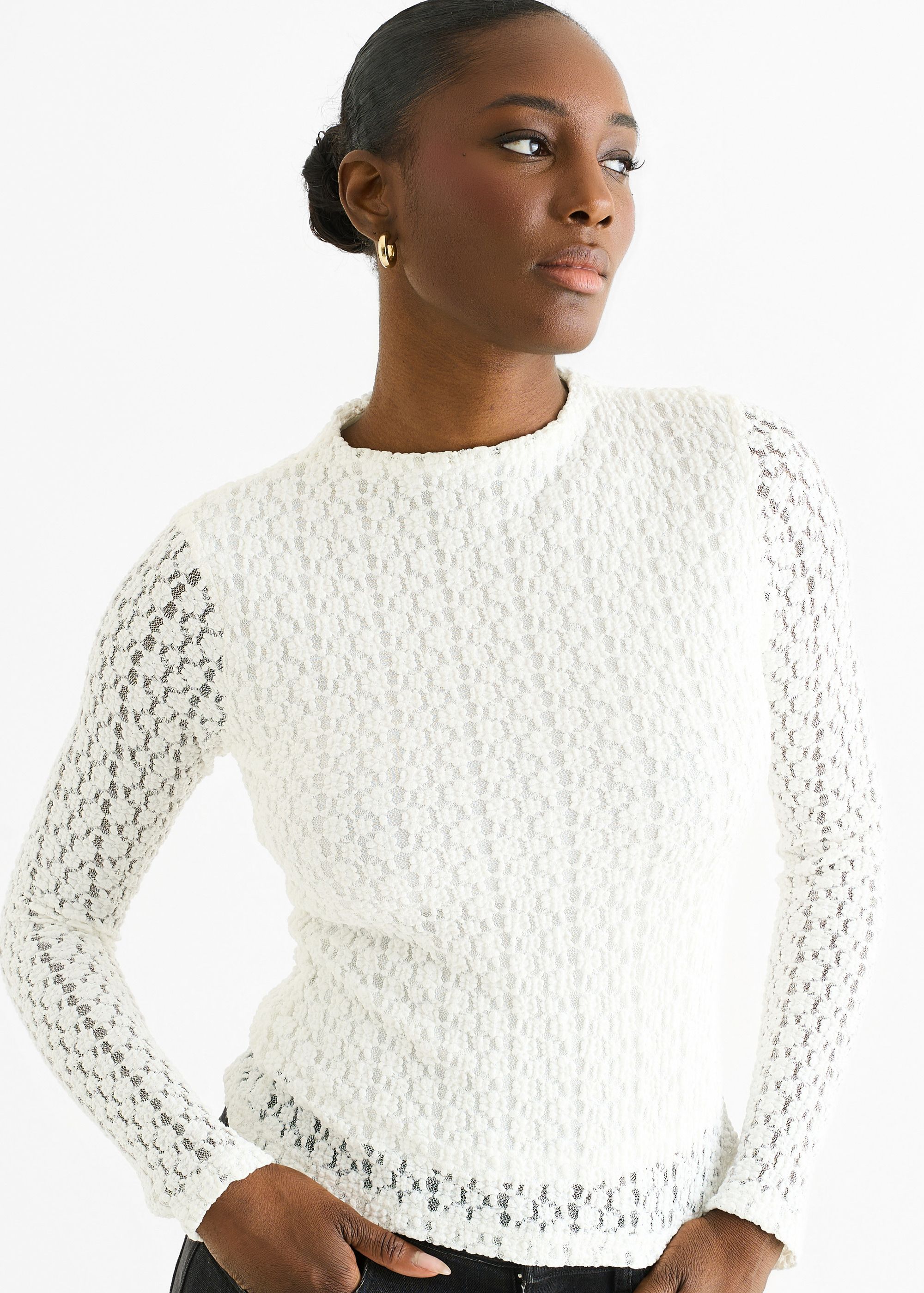 Gini London White High Neck Jersey Lace Long Sleeves Top