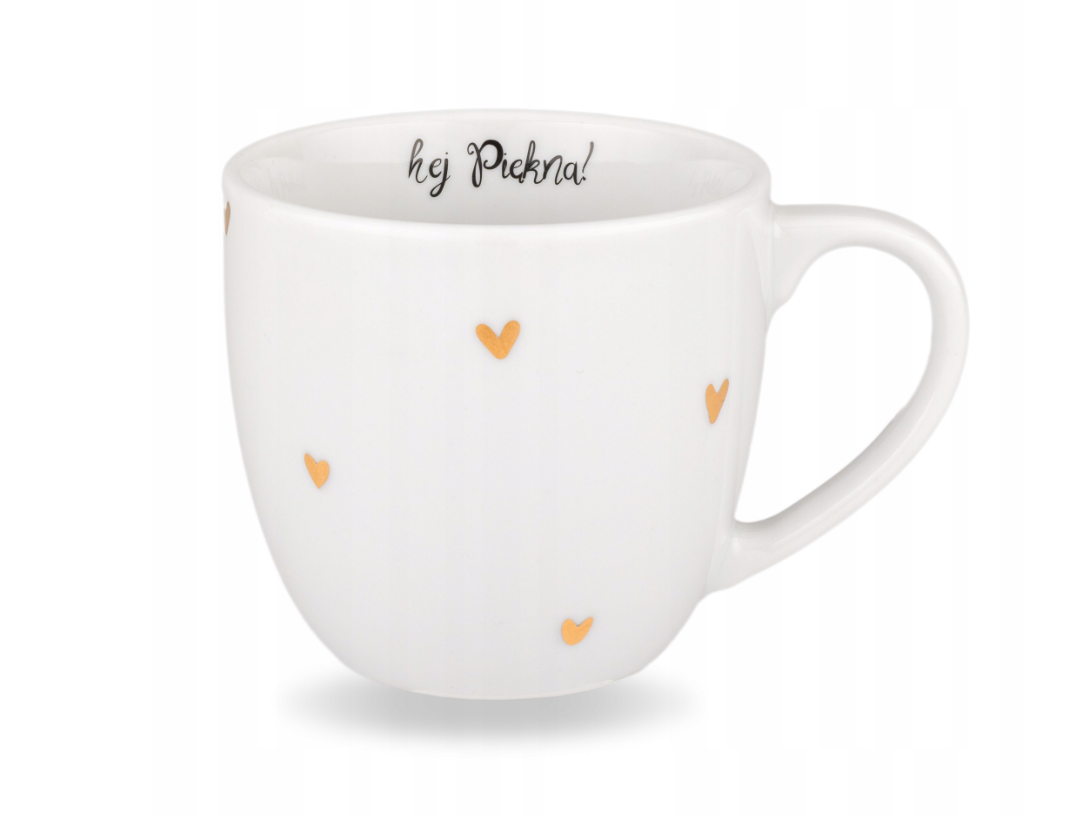 Biały kubek porcelanowy 300 ml - napis hej piękna na urodziny dla niej