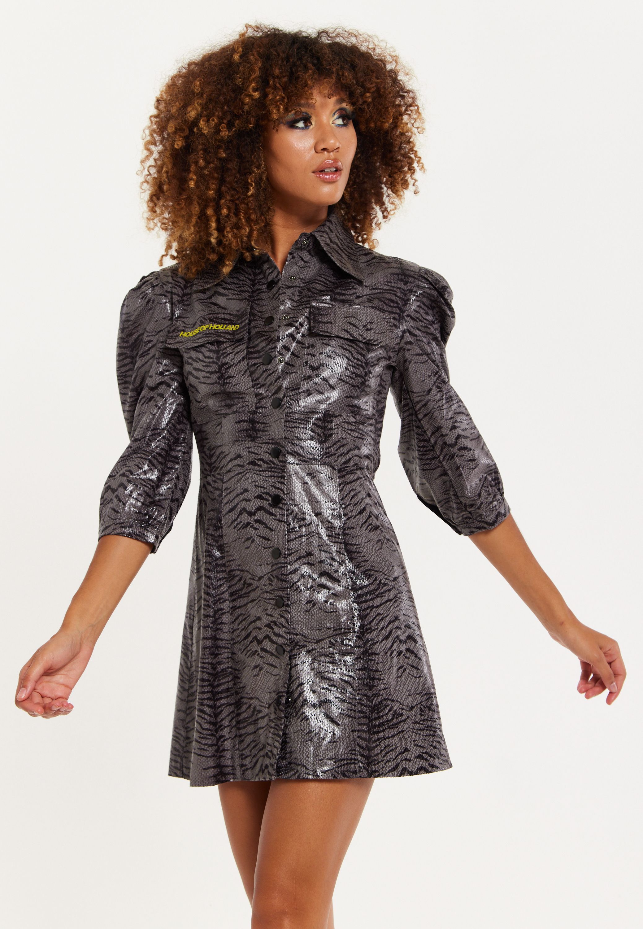 House of Holland Mini Dress Grey Wet Look Zebra Stripe