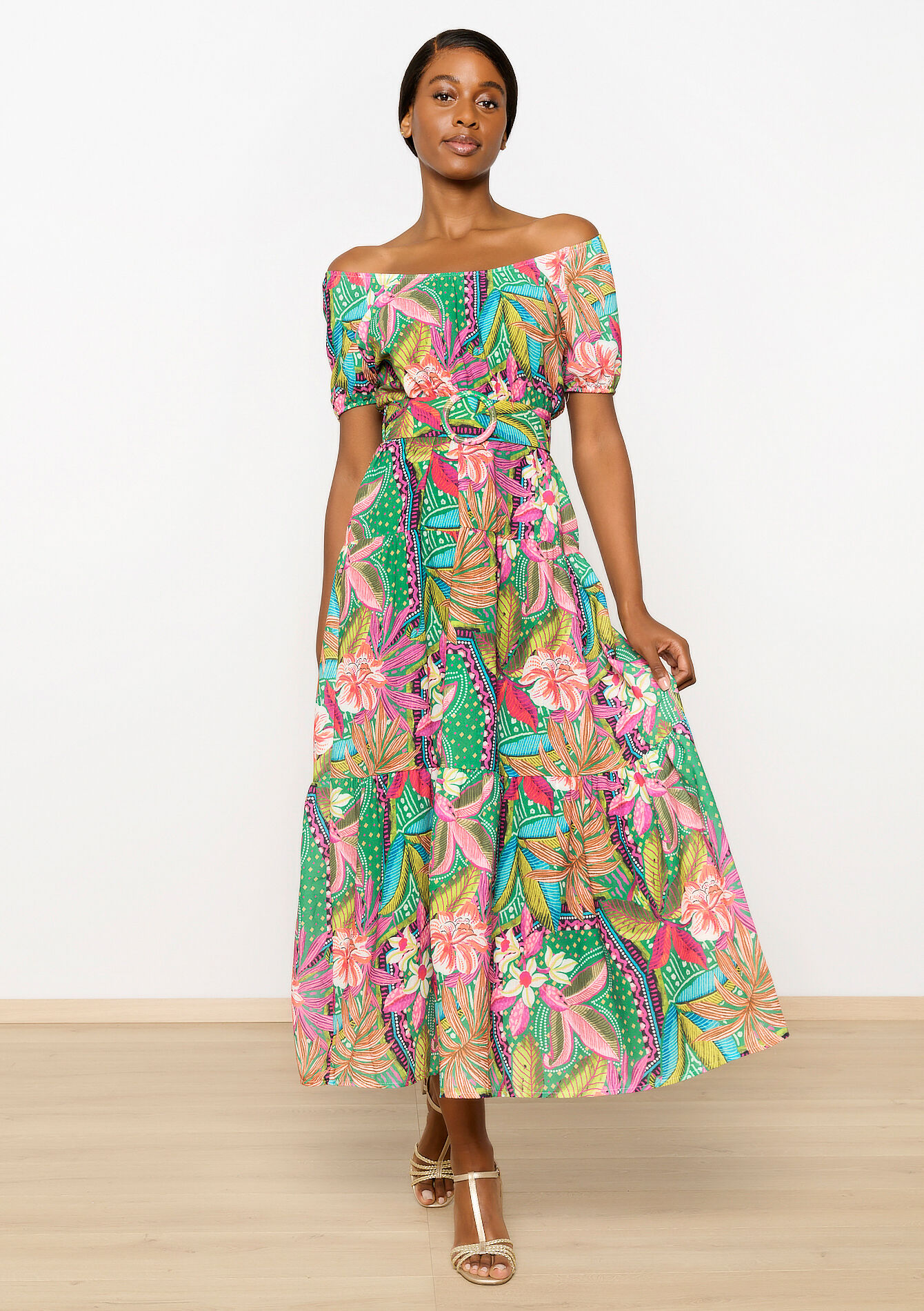 Off-shoulder jurk met tropische print