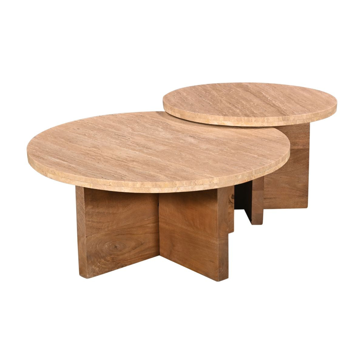 Giga Meubel Salontafel Leno Rond - Travertin/Hout - Naturel - Set van 2
