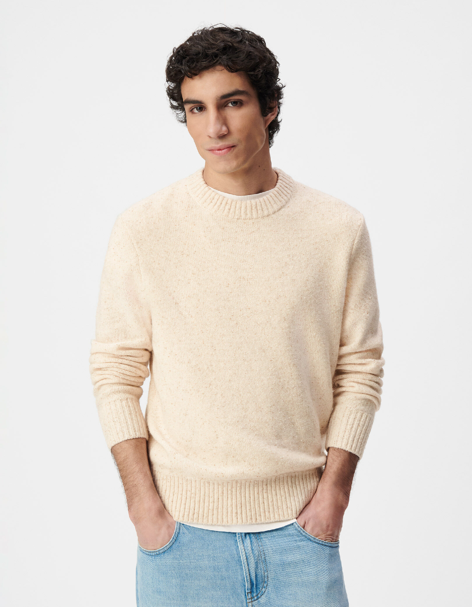 Pull hiver beige tricot mouliné col rond Homme
