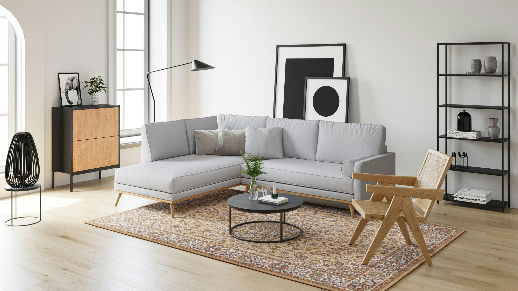 DOLNA - Tapis d'orient floral, tissé, laine naturelle sable 200x300 cm