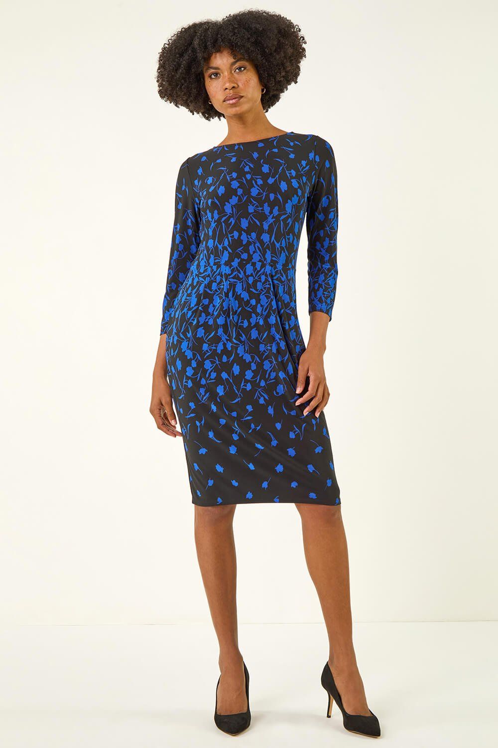 Roman Floral Pleat Pocket Front Stretch Dress