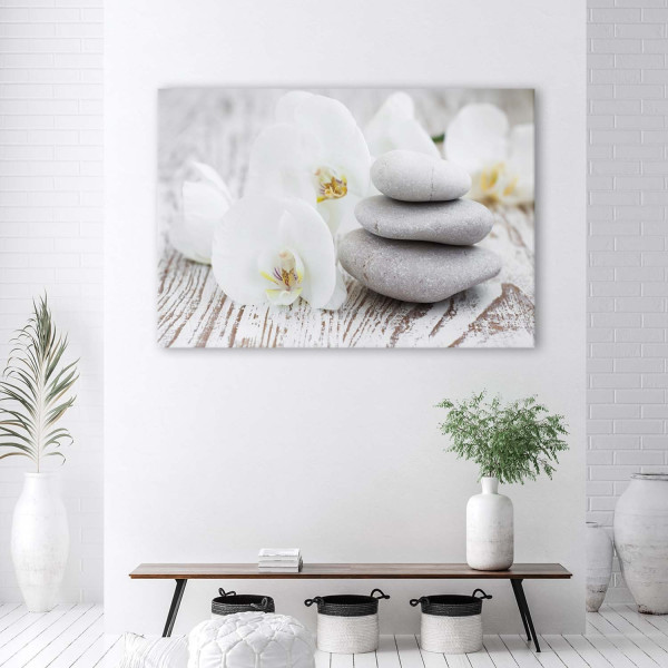 Feeby Obraz na płótnie Biała orchidea i kamienie 60x40