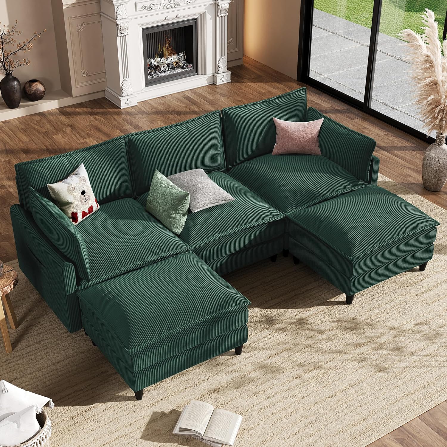 Apicizon 108 Cloud Couch Sectional, 3-Seat Deep Cloud Sofa with Ottoman, Modern U Shape Sectional Sofa Corduroy for Living Room, Apartment, Office, Green