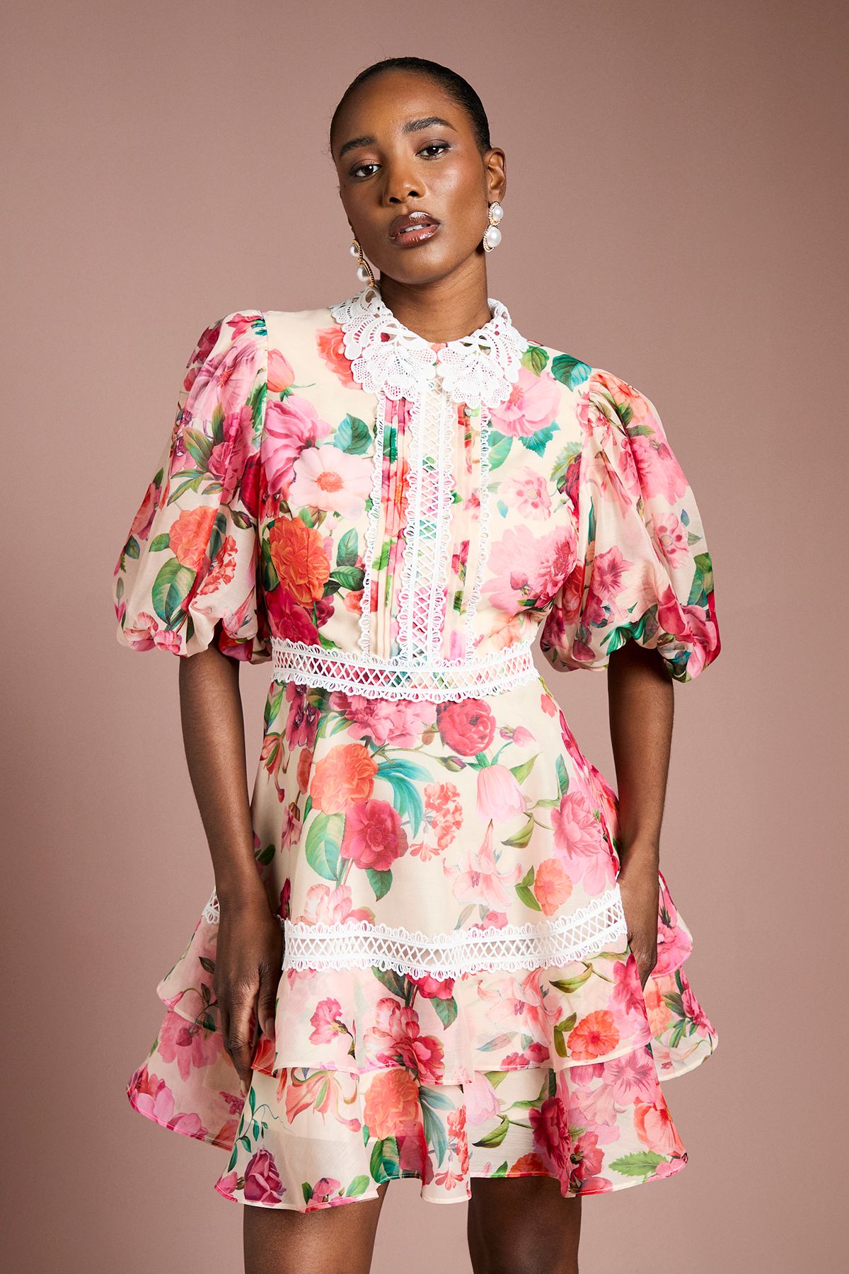 Coast Lace Trim Collared Printed Organza Mini Dress