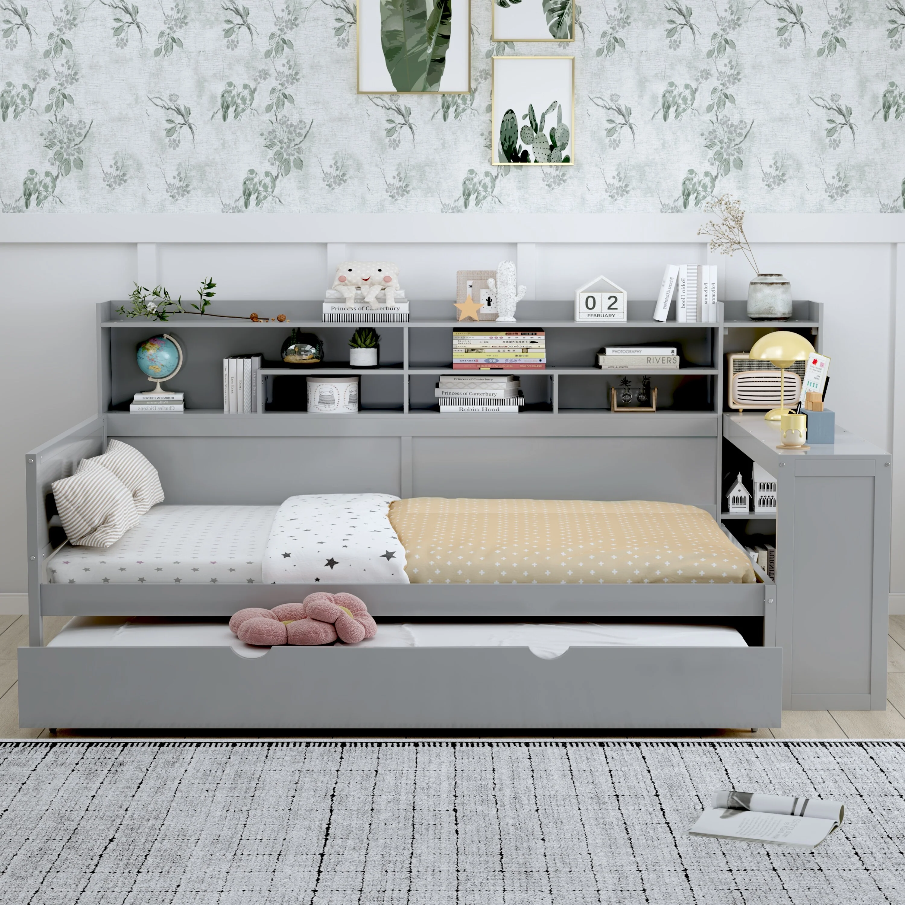 Wooden Full Size Daybed with Storage Shelves, Multi-functional Bed with Twin Size Trundle Bed and Study Desk