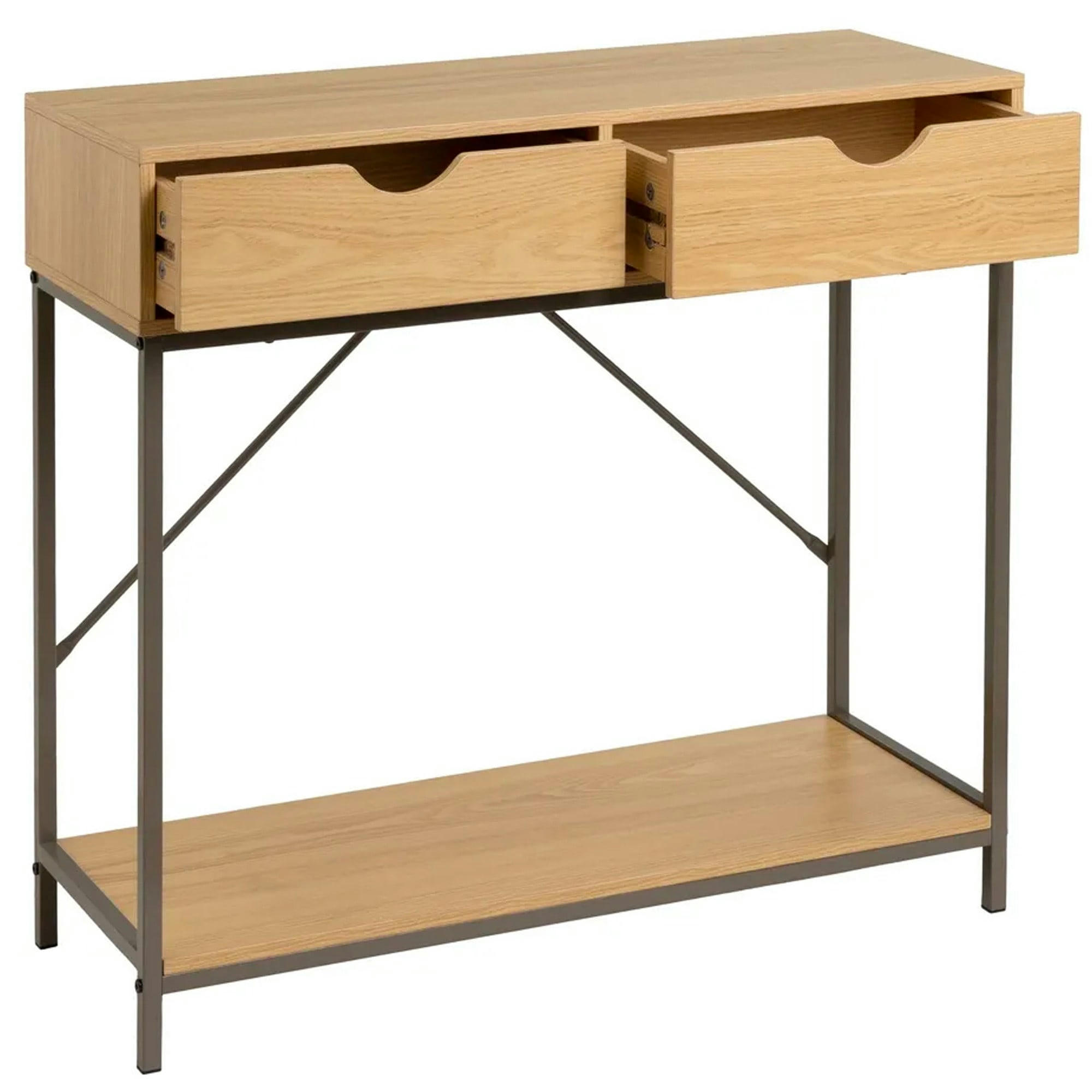 - Console d'entrée couleur bois naturel et métal gris 2 Tiroirs 80x30x75