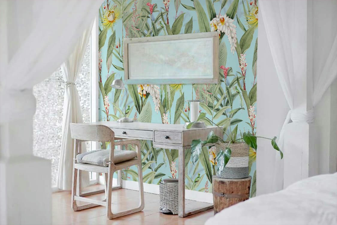 - Papier peint panoramique motifs fleurs jardin tropical ciel 425x260cm