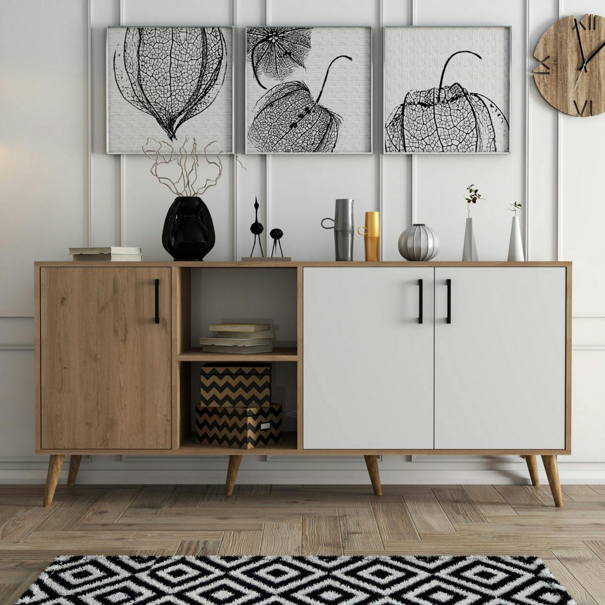 Buffet moderne effet bois et blanc, pieds obliques MARFA
