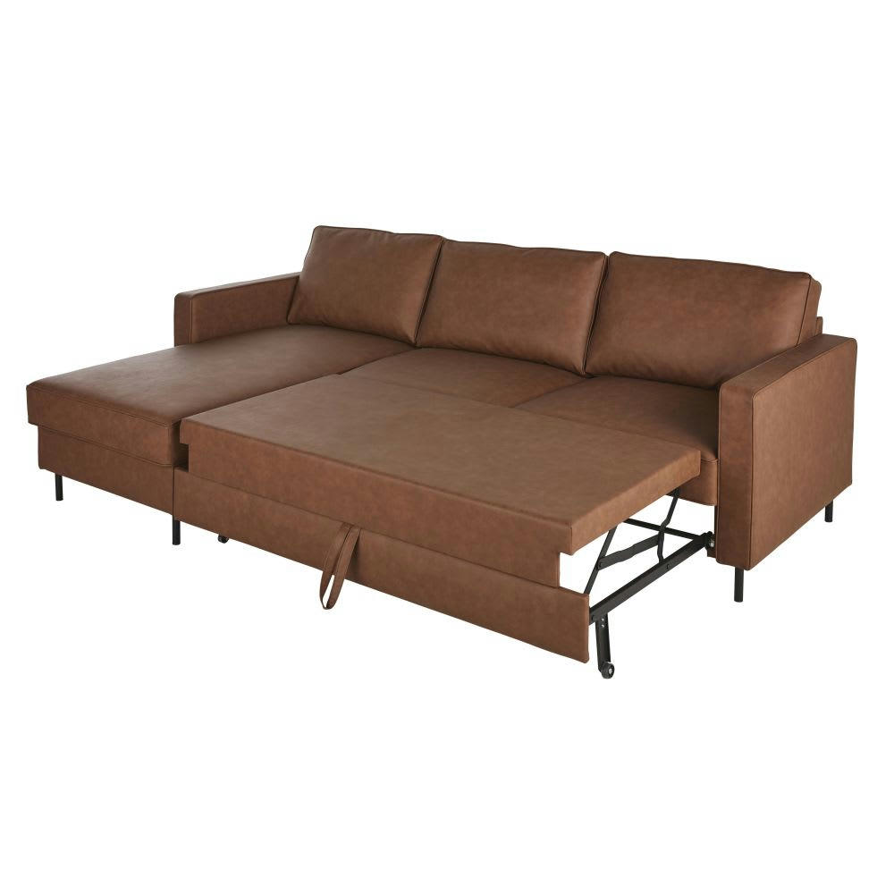 Habel - Canapé d'angle convertible en textile enduit camel