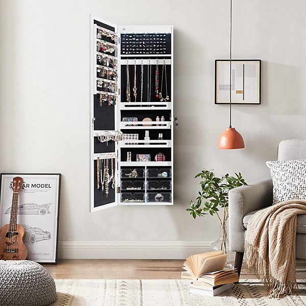 Armoire à Bijoux Mural avec Miroir et Lumière LED Armoire de Rangement Mural Accrochée à la Porte avec Serrure
