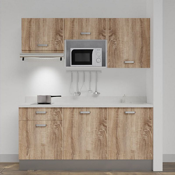 Kitchenette K30 - 180 cm - façades Bois - Plan monobloc en quartz coloris Snova évier à droite