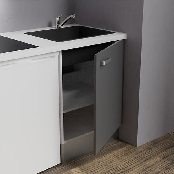 Kitchenette K02 - 120 cm - Façades : Gris - Plan de travail : Blanc - Crédences : Non - Evier Noir