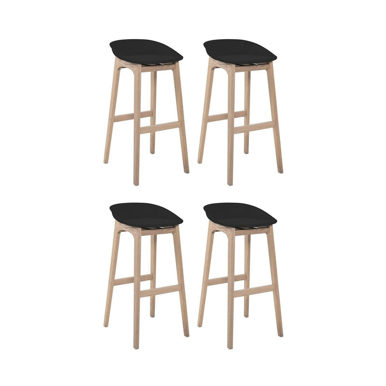 RIVA - Tabourets d'ilot 65cm  pieds chêne assise plastique noire - Lot de 4