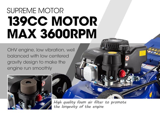 NNEMB Lawn Mower 139CC 17-Petrol Powered Push Lawnmower 4 Stroke Engine