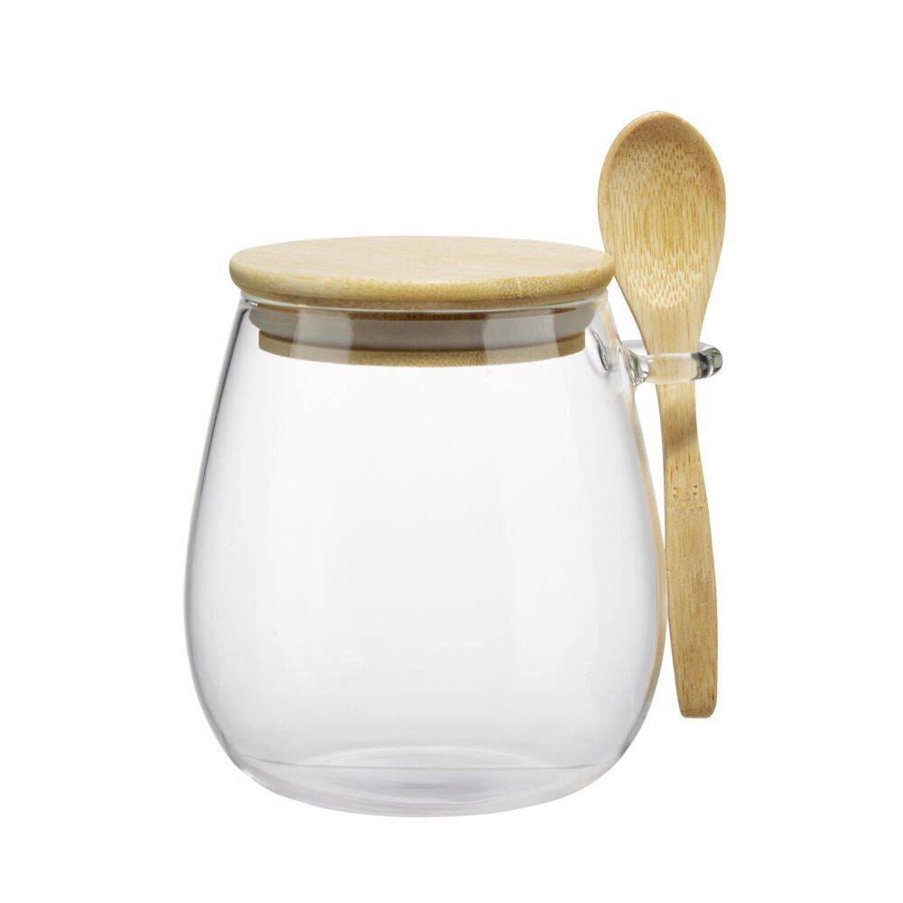 Pot de conservation hermétique rond 1L en verre avec couvercle et cuillère en bambou