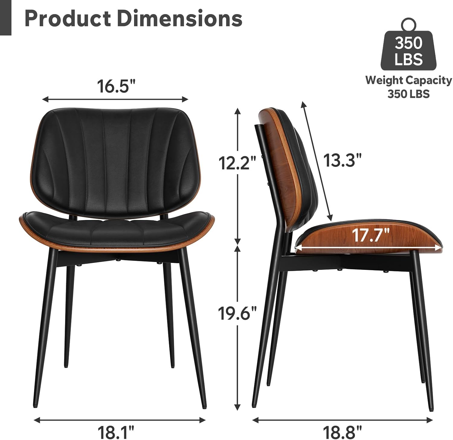 Dining Chairs Set of 4, Mid Century Modern Dining Room Chair, Upholstered Faux Leather Kitchen Chairs with Walnut Bentwood Back and Metal Legs for Kitchen Dining Room Living Room, Black