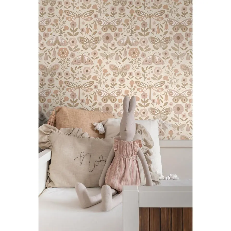 ESTAhome behang bloemen & vlinders beige en roze - 50 x 900 cm