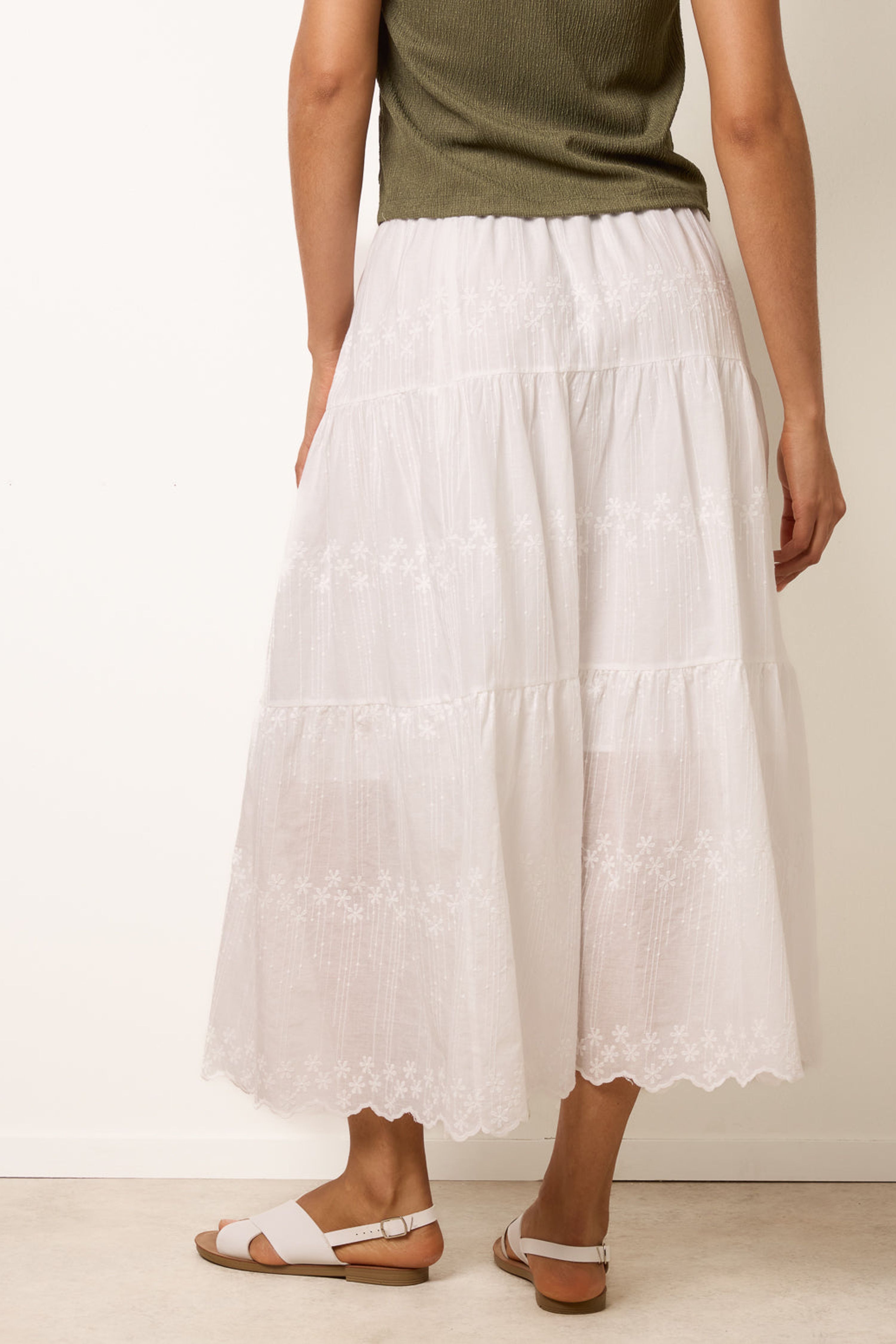 Blue Vanilla White Embroidered Tiered Maxi Skirt