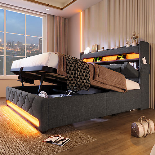 Lit coffre capitonné 140x200cm avec LED et Ports de charge USB - Lin - tête de lit avec espace de rangement - Gris