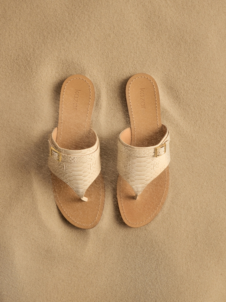 Embossed leather flat flip flops