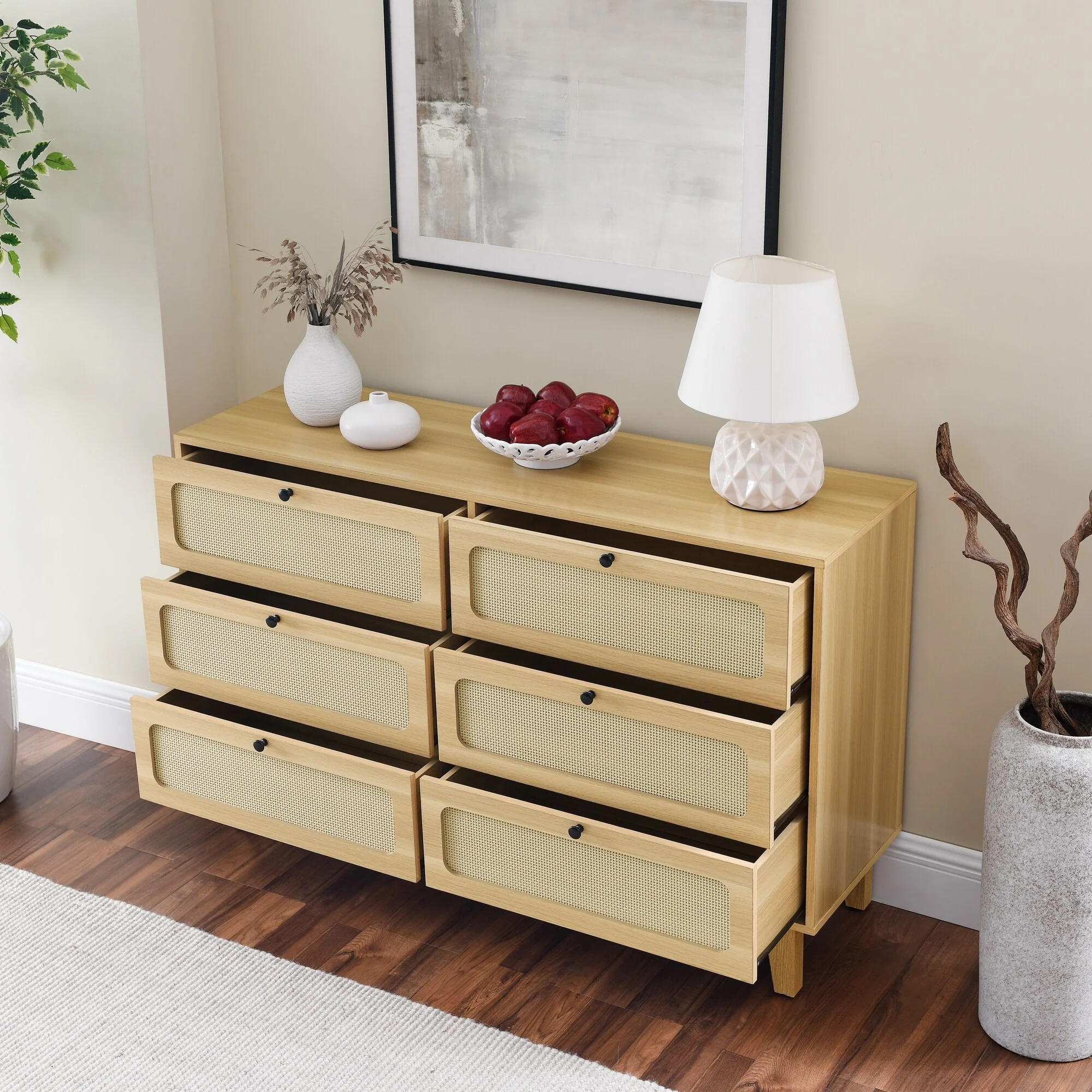 Drawer Rattan Double Dresser, Multi-functional Wooden Clothing Organizer, Accent Storage Cabinet with Solid Wood Legs