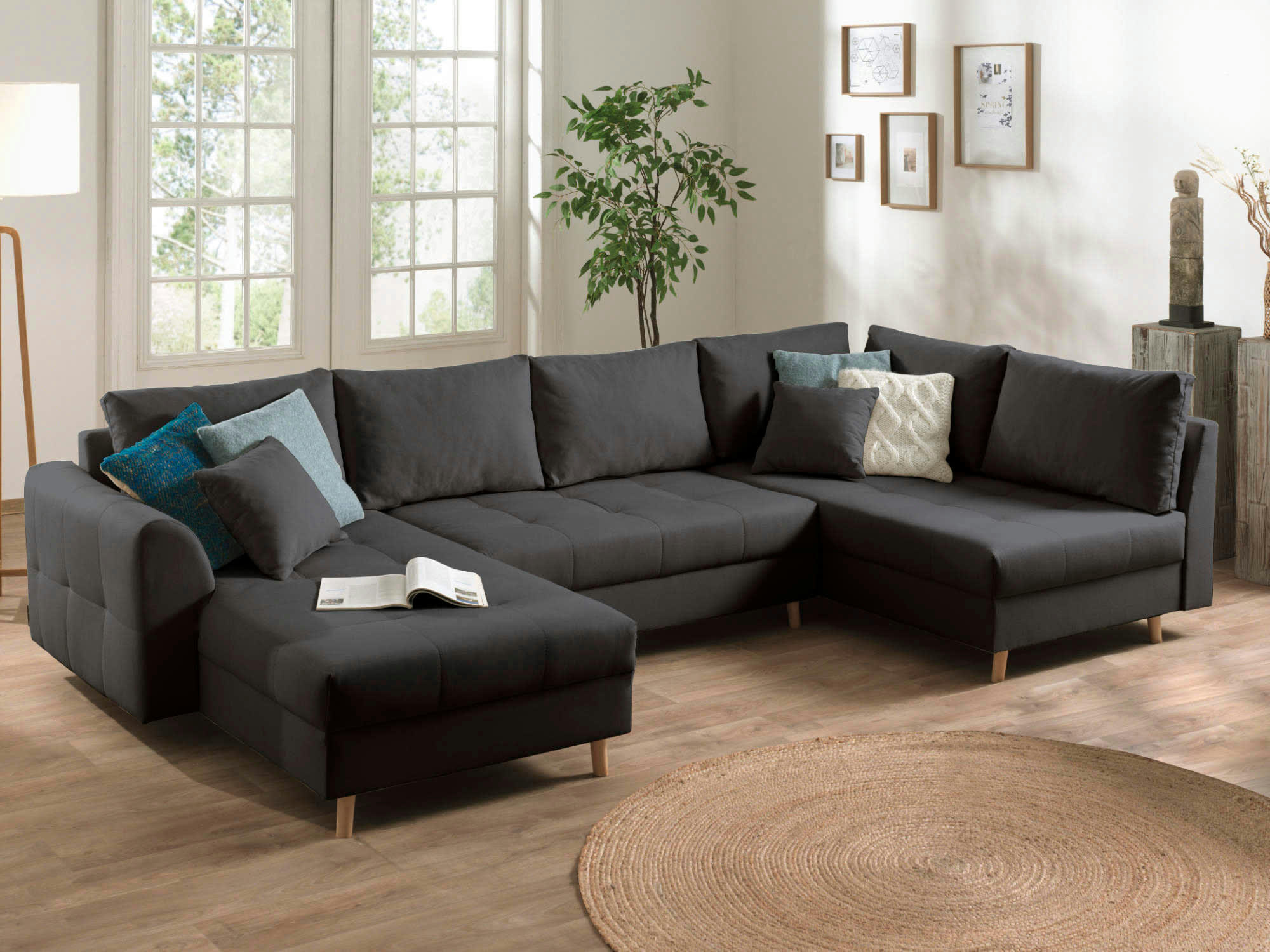 RUNE - Canapé panoramique 7 places angle droit en tissu gris foncé