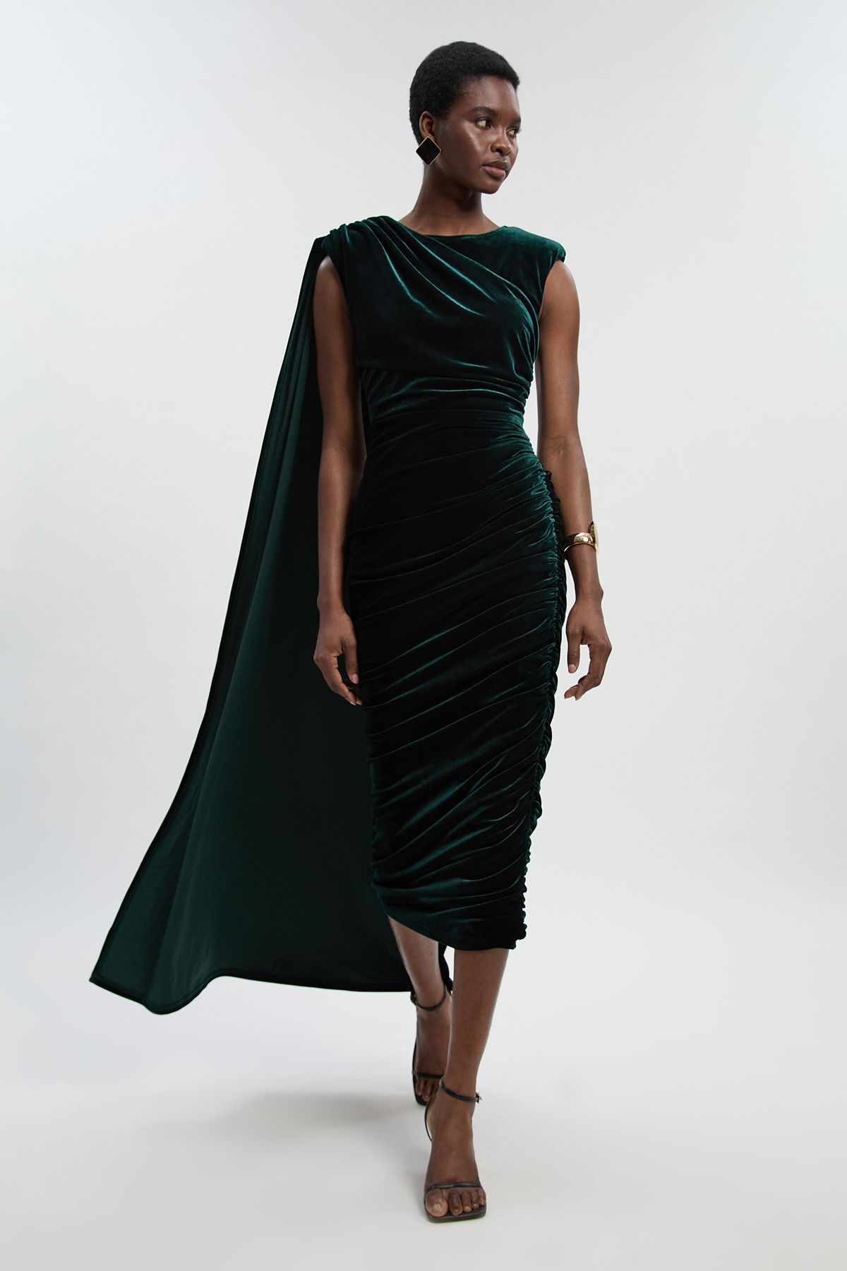 KarenMillen Petite Stretch Velvet Crew Neck Cape Shoulder Maxi Dress