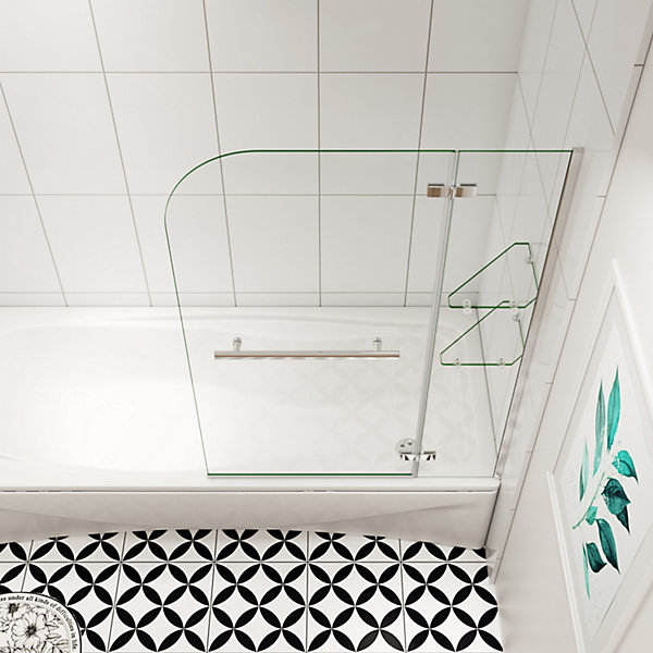 pare baignoire 120x140cm paravent pivotant avec porte-serviette en inox et 2 étagères,5mm verre de sécurit,facile à pose
