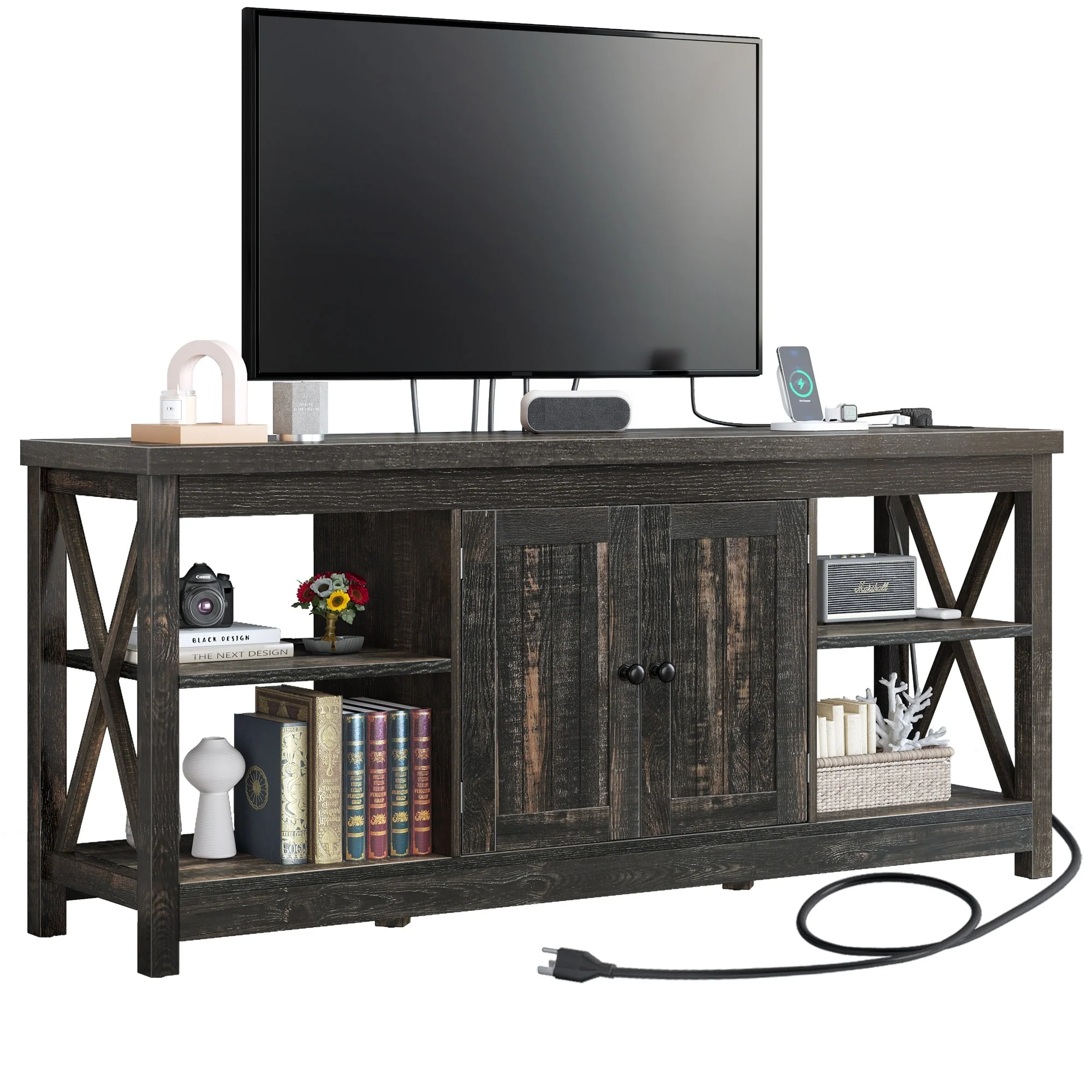 Moasis Farmhouse 59 TV Stand Entertainment Center with Storage Shelves for TVs up to 65-inch