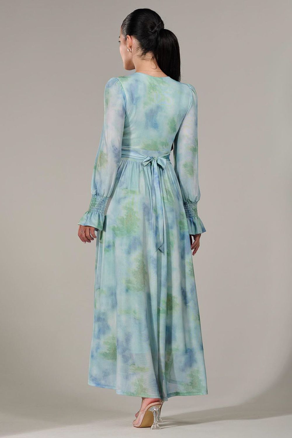 Jolie Moi Petite Long Sleeve Mesh Maxi Dress