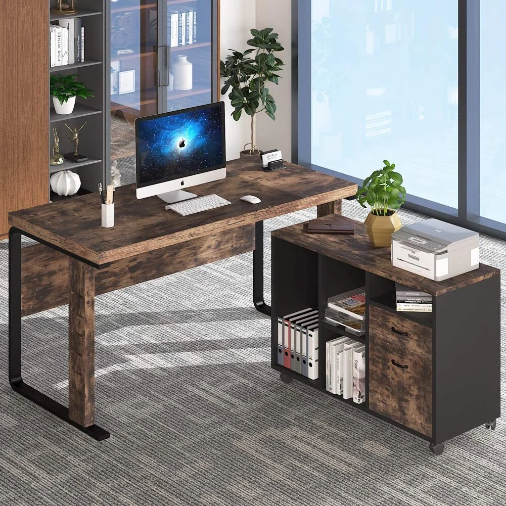 L-Shaped Computer Desk, 59 inch Executive Office Desk Workstation with Letter Size File Cabinet