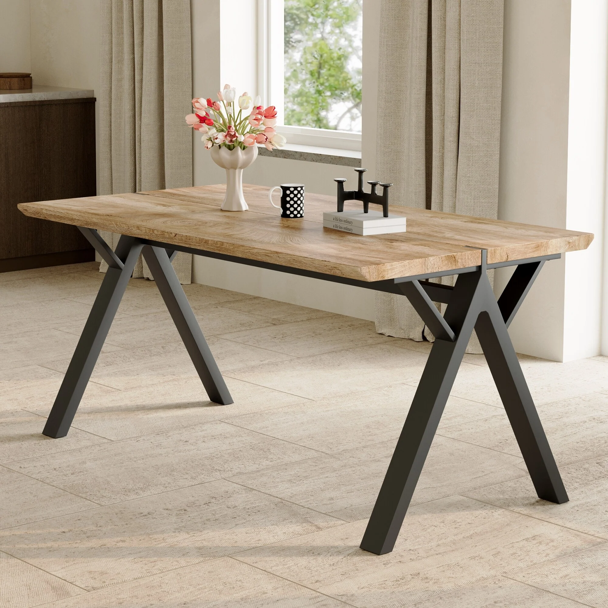 Wood-Textured MDF Dining Table with A-Frame Legs.Density Board Sticker, Iron Pipe Spraying