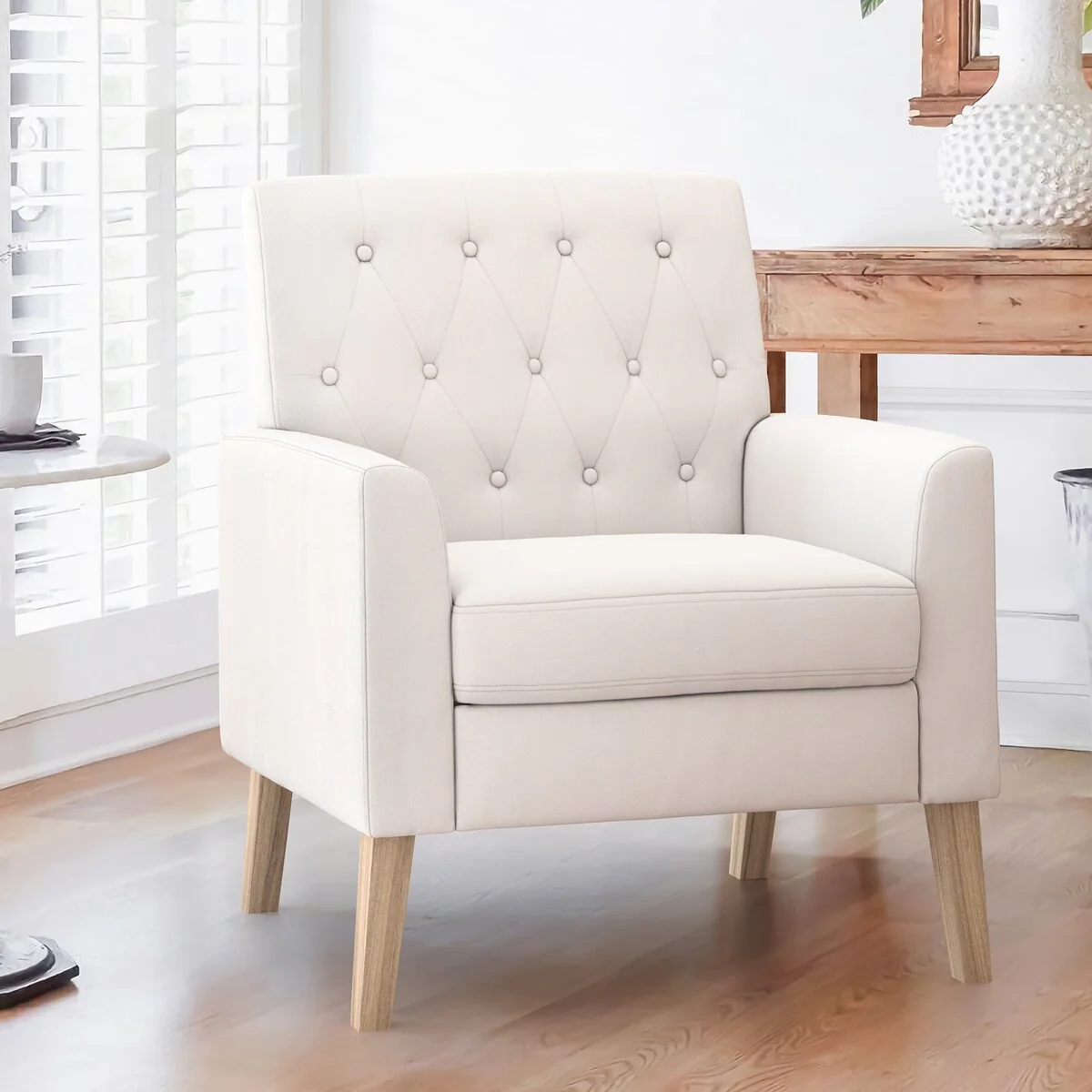 LUE BONA Mid-Century Modern Upholstered Linen Fabric Button Tufted Accent Chair - 28.5 W X 27.25 D X 33.75 H