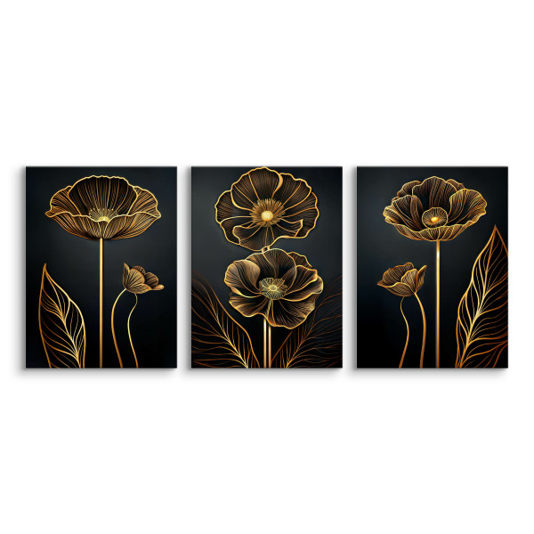 3x Obraz Set Abstrakcyjne Złote Kwiaty W Stylu Glamour 30x40cm