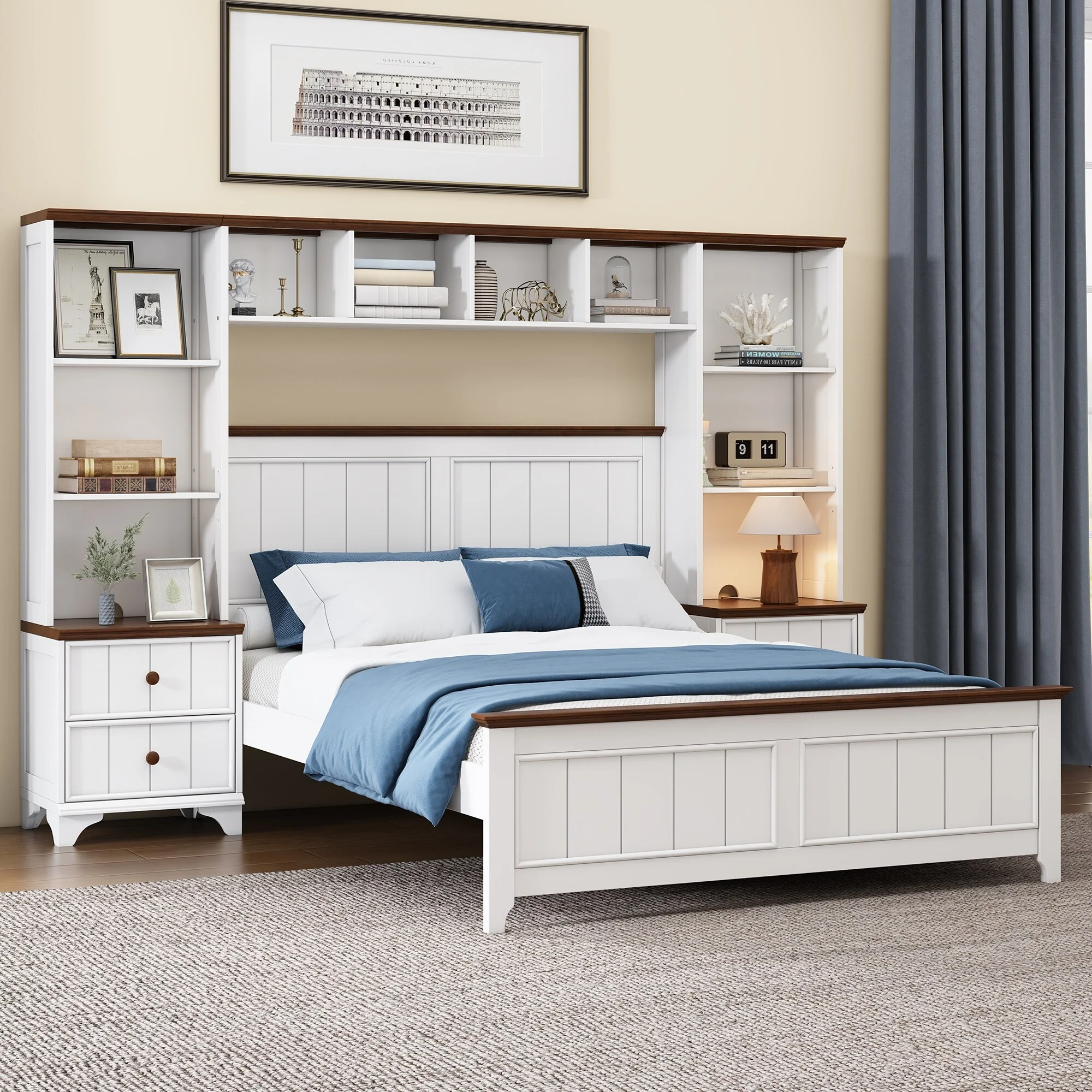 Roomfitters Full Size Platform Bed, Pine Wood Frame, Storage Shelf, Bookcase, 2 Nightstands, White Walnut