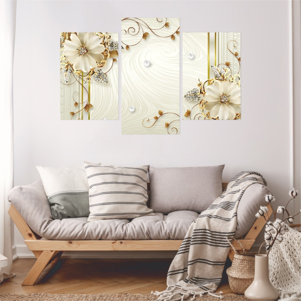 Obraz Tryptyk Ozdobne Kwiaty 3D Z Perłami 60x40cm