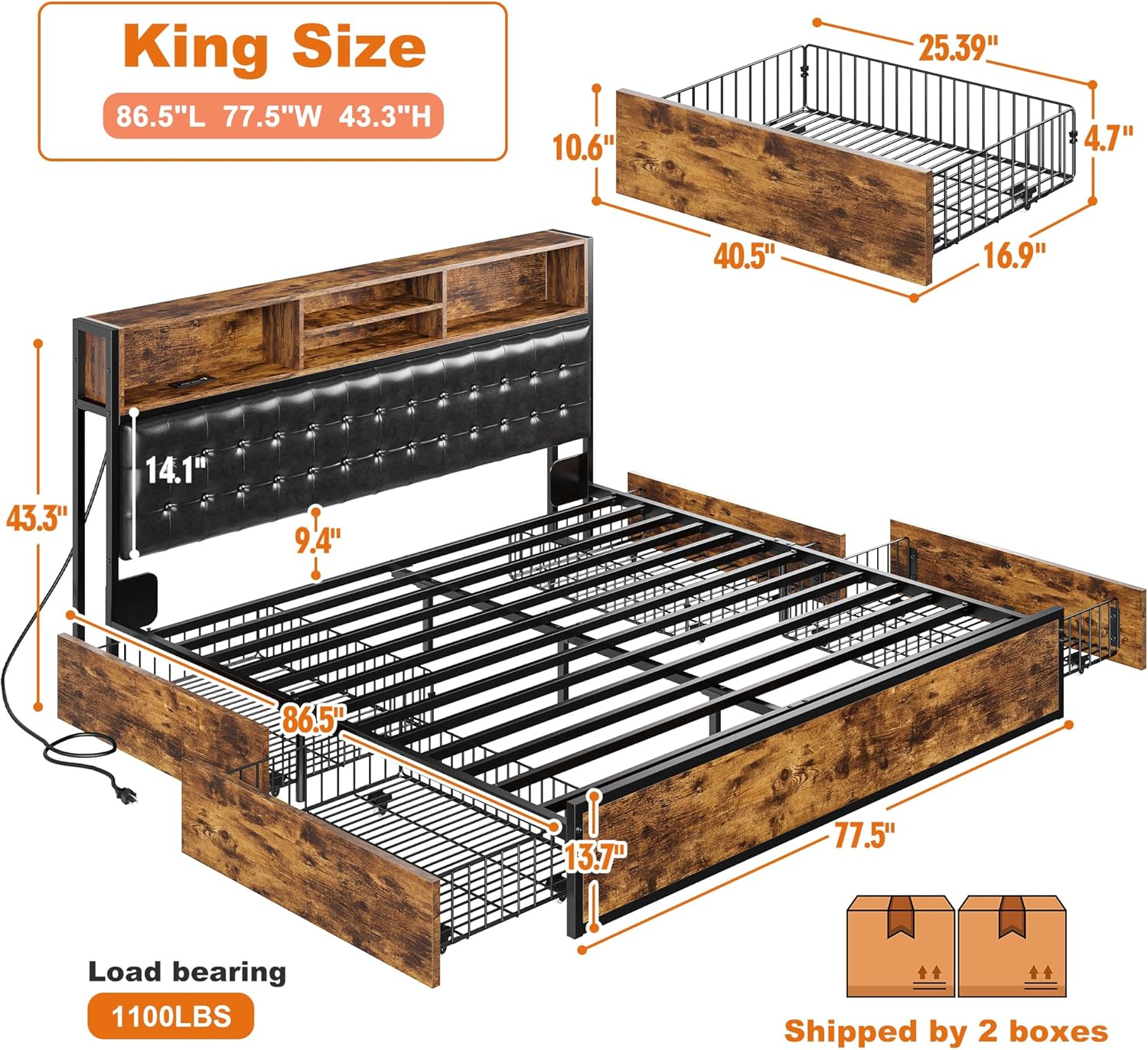 EnHomee King Size Bed Frame with 4 Storage Drawers, King Bed Frame and Headboard Built in Charging Station, No Noise, No Box Spring Needed, Vintage Brown