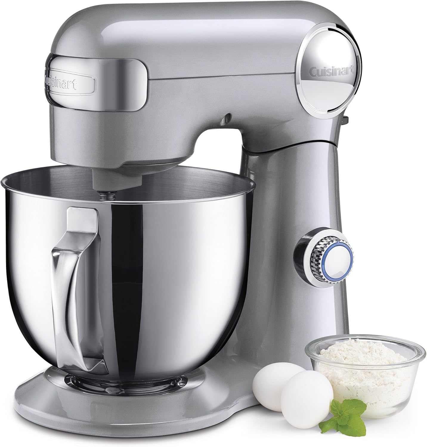 Cuisinart Stand Mixer, 12 Speeds, 5.5-Quart Mixing Bowl, Chef's Whisk, Flat Mixing Paddle, Dough Hook, and Splash Guard with Pour Spout, Silver Lining, SM-50BCNAS, Silver Lining