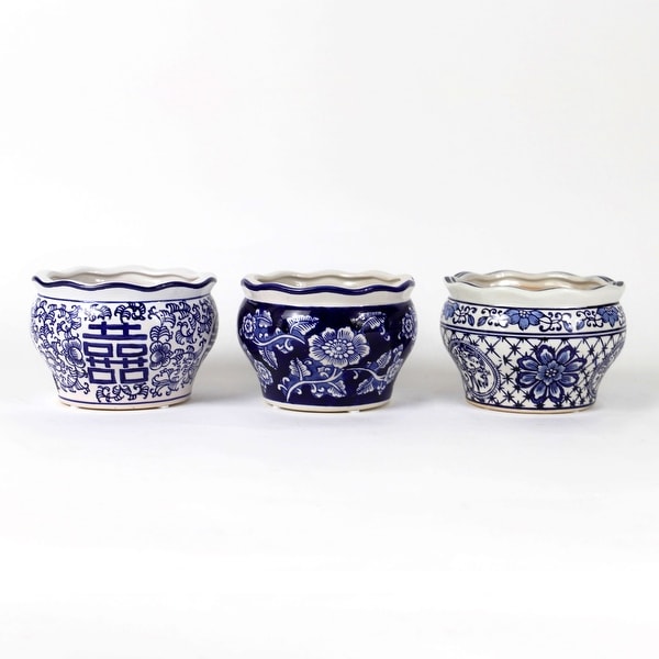ClayBarn Blue and White Ceramic 3-piece Terrace Garden Planter Set