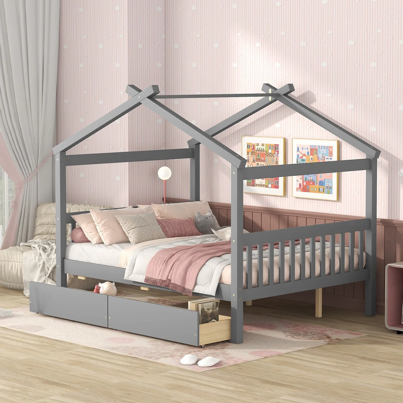 Creative Full-Size House Bed with Two Storage Drawers - Ideal for Kids' Rooms