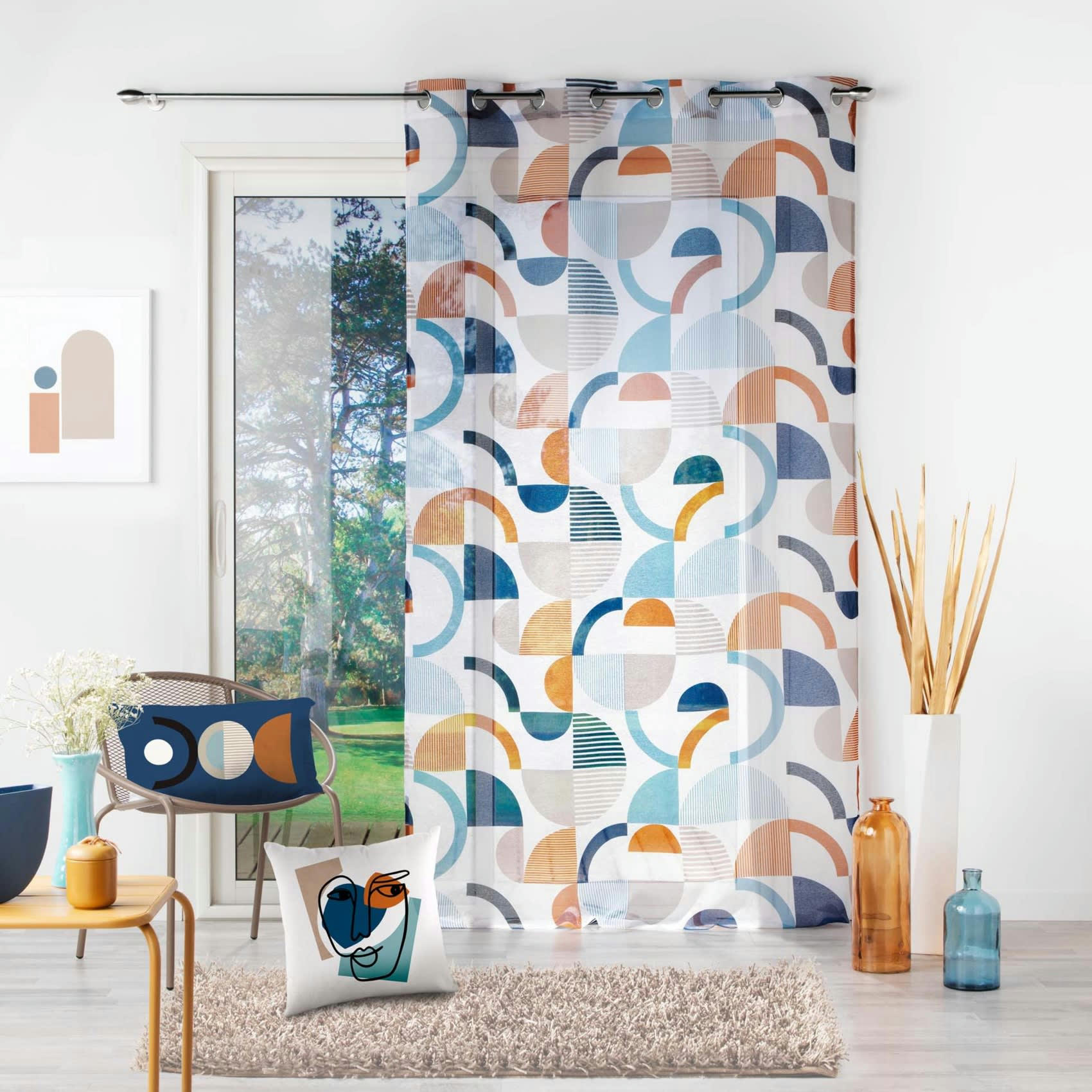 - Voilage tamisant à l'esprit graphique polyester bleu 140x240 cm