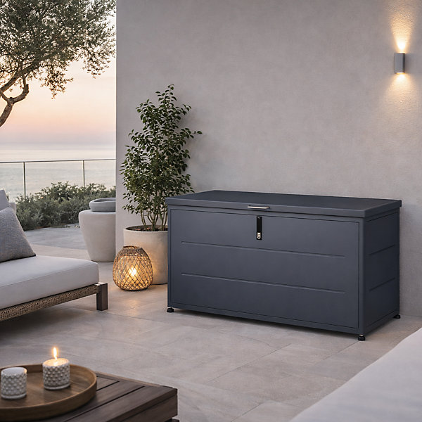 Coffre extérieur compact 460L gris en métal galvanisé avec ouverture assistée