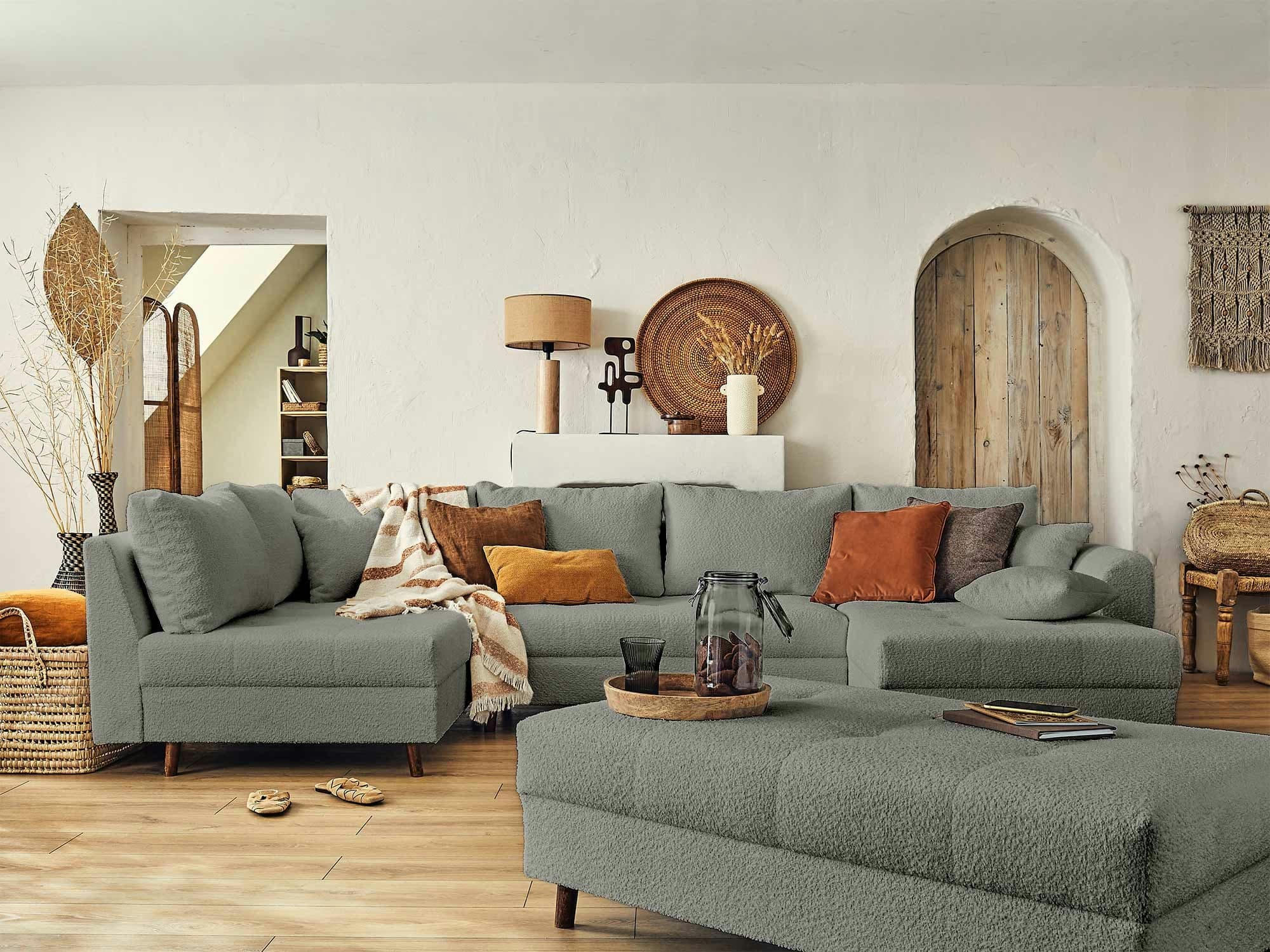 RUNE - Canapé d'angle gauche convertible 7 places en tissu bouclette gris