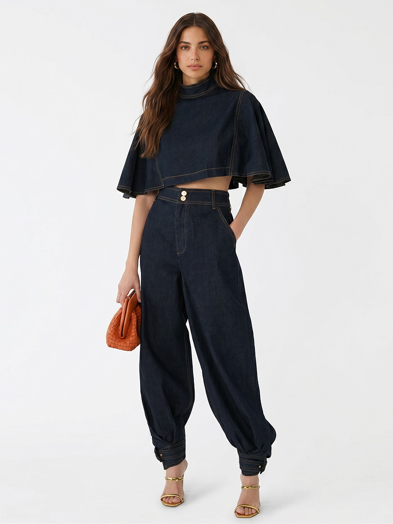 Modern Denim Cape Top & High-Waist Tapered Pants Two-Piece Set