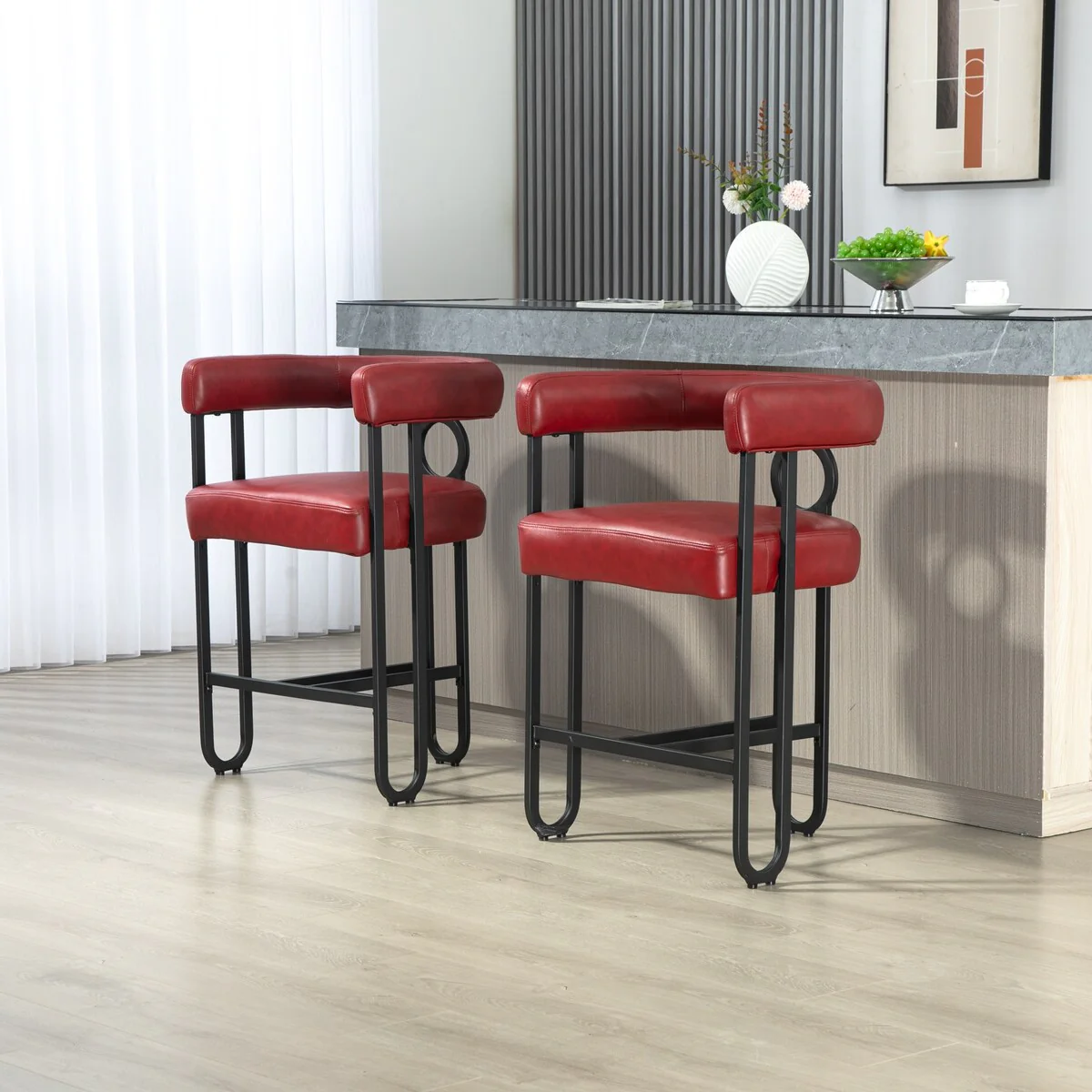 Chenille/Leather Upholstered Contemporary Designed Bar Stools With Footrest（set of 2）