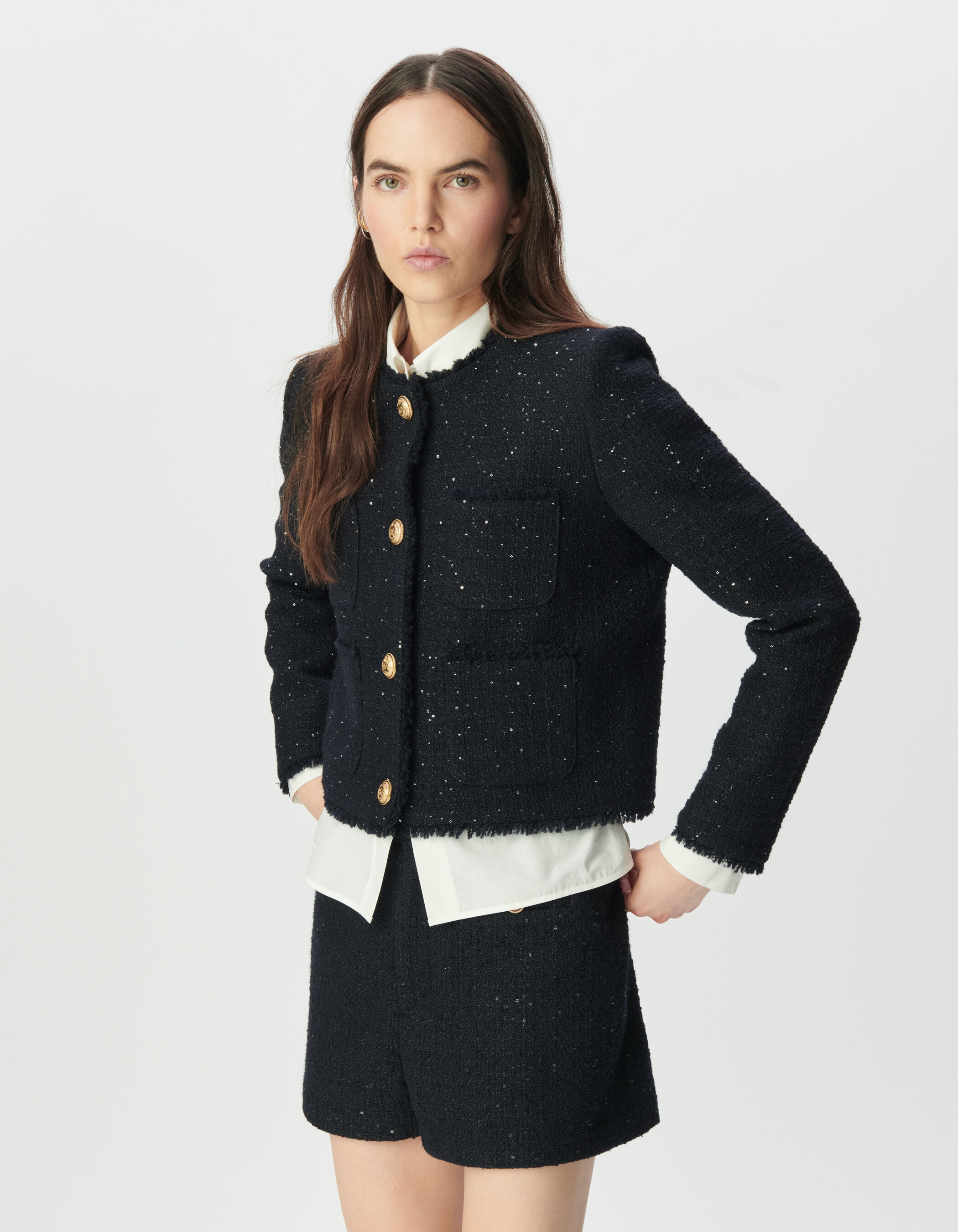 Veste courte marine effet tweed et sequins brodés Femme