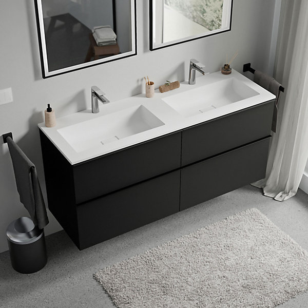 Meuble vasque suspendu MDF Noir mat, lavabo fonte Blanc mat   trou robinet, poignée Noir mat - 120x46x62cm - LAVOA